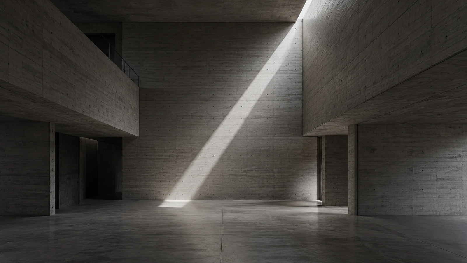 A concrete void with a shaft of daylight crossing board-marked walls